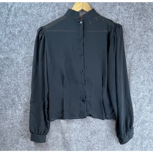 David Benjamin Shirt Womens Large Black Ruffle Button Back Lace Sheer - Picture 2 of 6